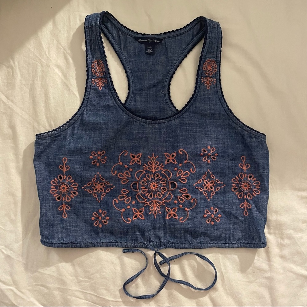 AEO Racerback Chambray Eyelet Crop Top